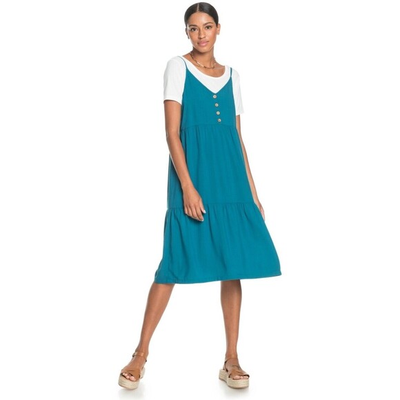 Roxy Dream Sz XS Spaghetti Strap Midi Dress Teal Sleeveless Tiered V-Neck NWT - Picture 2 of 16
